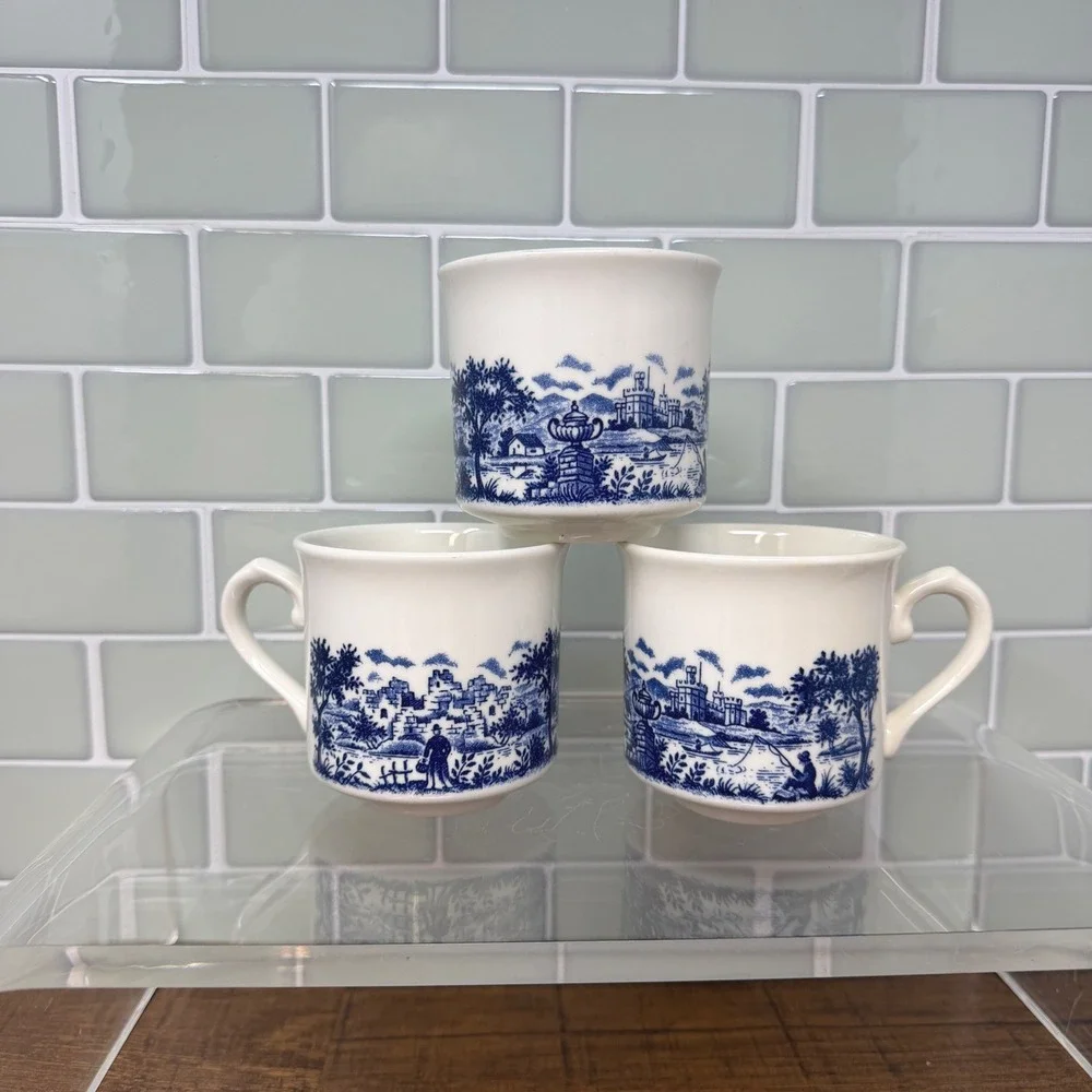 VTG Blue & White Transferware Mugs Set of 3 Grandmillennial English Countryside